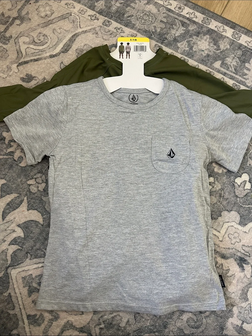 NWT Volcom Olive Green Youth 3-piece Set Long Sleeve Rash Guard Size S 7/8